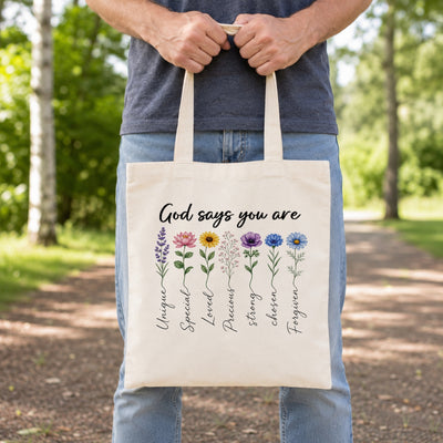 God Says You Are Unique Special Lovely Precious Strong Book Tote Bag Floral Christian Faith Inspirational Gift For Women Bible Verse Religious Canvas Tote Bag | teecentury