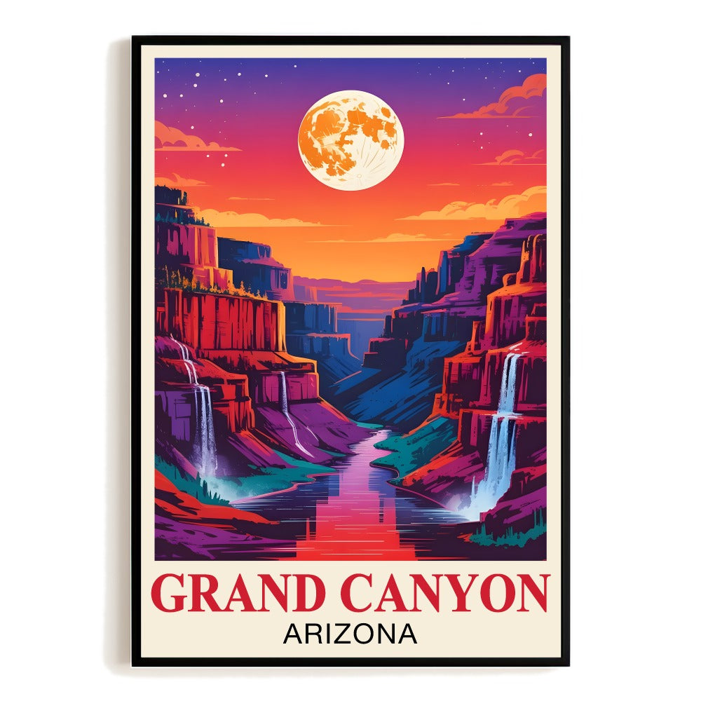Grand Canyon Arizona Vintage Travel Poster Stunning Sunset Canyon Waterfall Moon Night Landscape Wall Art Print Ideal For Home Office Living Room Bedroom Decor Unframed | teecentury
