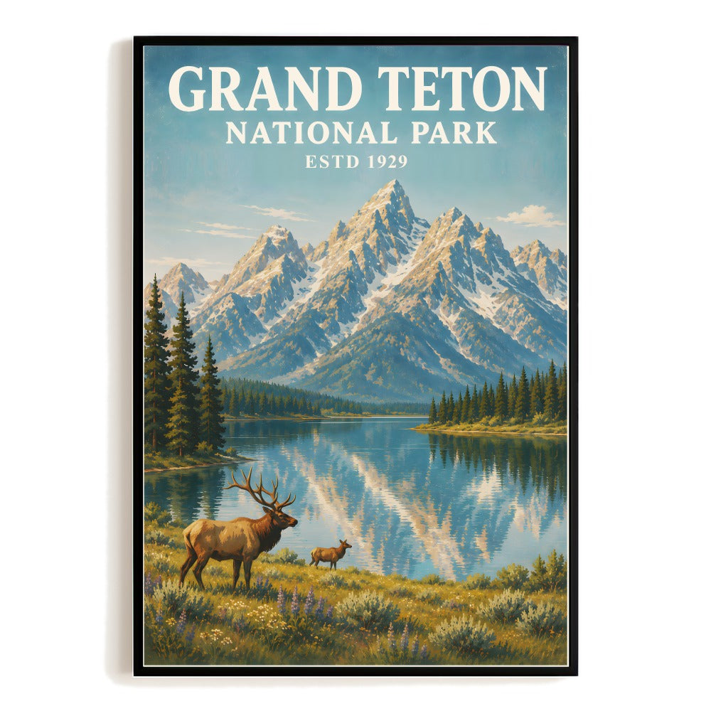 Grand Teton National Park Travel Poster Elk Mountain Landscape Vintage Wall Art Painting Decor For Home Living Room Office Bedroom Kitchen Gifts Souvenir Unframed | teecentury