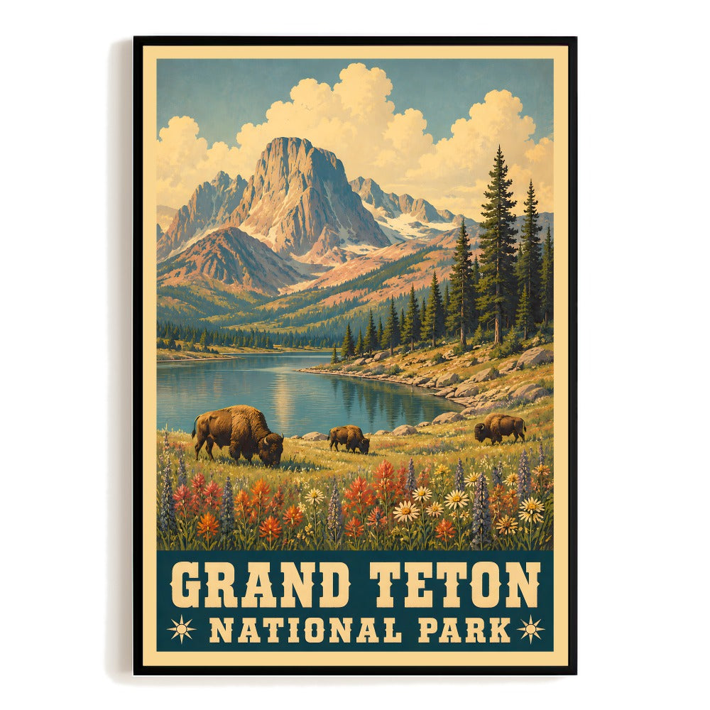 Grand Teton National Park Vintage Travel Poster Wall Art Mountain Lake Landscape Painting Retro Nature Travel Print Rustic Cabin Decor Unframed | teecentury