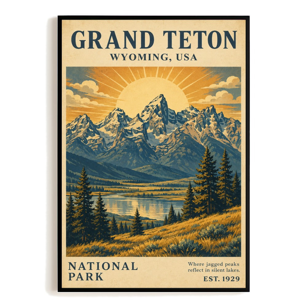Grand Teton National Park Wyoming Travel Gifts Poster Vintage Mountain Landscape Wall Art Decor For Nature Lovers Home Living Room Office Souvenir Print Unframed | teecentury