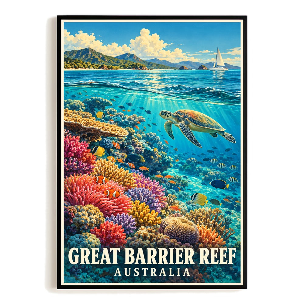 Great Barrier Reef Australia Travel Poster Vintage Coral Reef Sea Turtle Wall Art Print Tropical Ocean Nature Decor For Home Living Room Office Bedroom Gift Unframed | teecentury