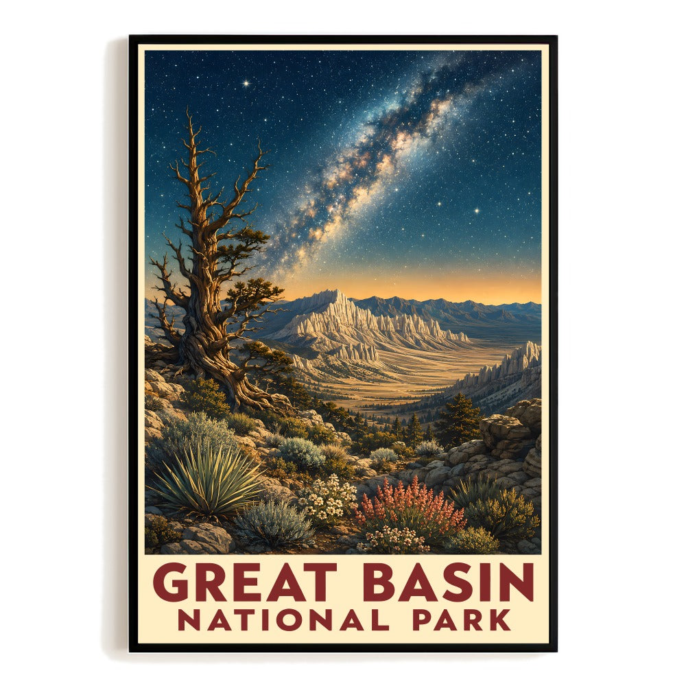Great Basin National Park Poster Vintage Travel Art Night Sky Stars Milky Way Mountains Print Desert Scene Painting Picture Ideal Souvenir Gift For Home Decor Unframed | teecentury