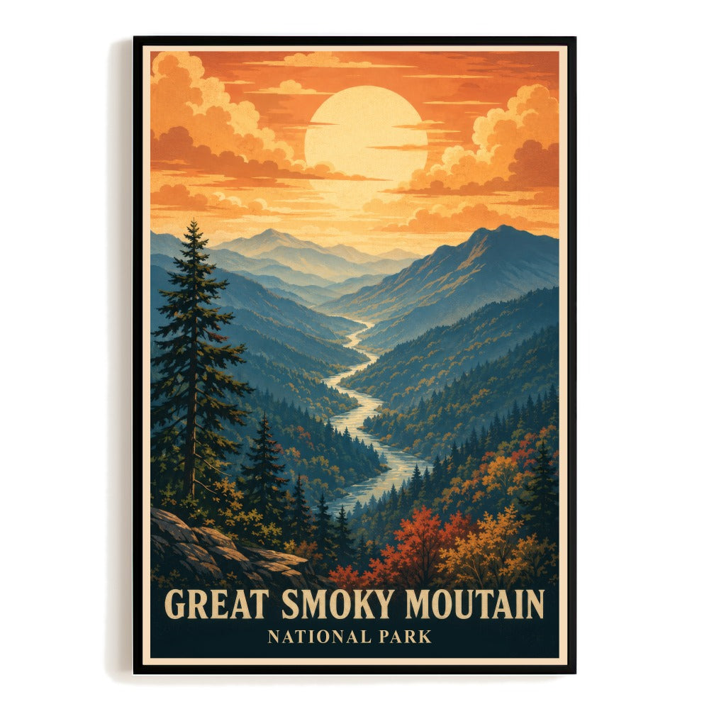 Great Smoky Mountains National Park Gift Travel Poster Vintage Art Print Autumn Mountain Forest River Scene Souvenir Home Living Room Office Bedroom Decor Unframed | teecentury
