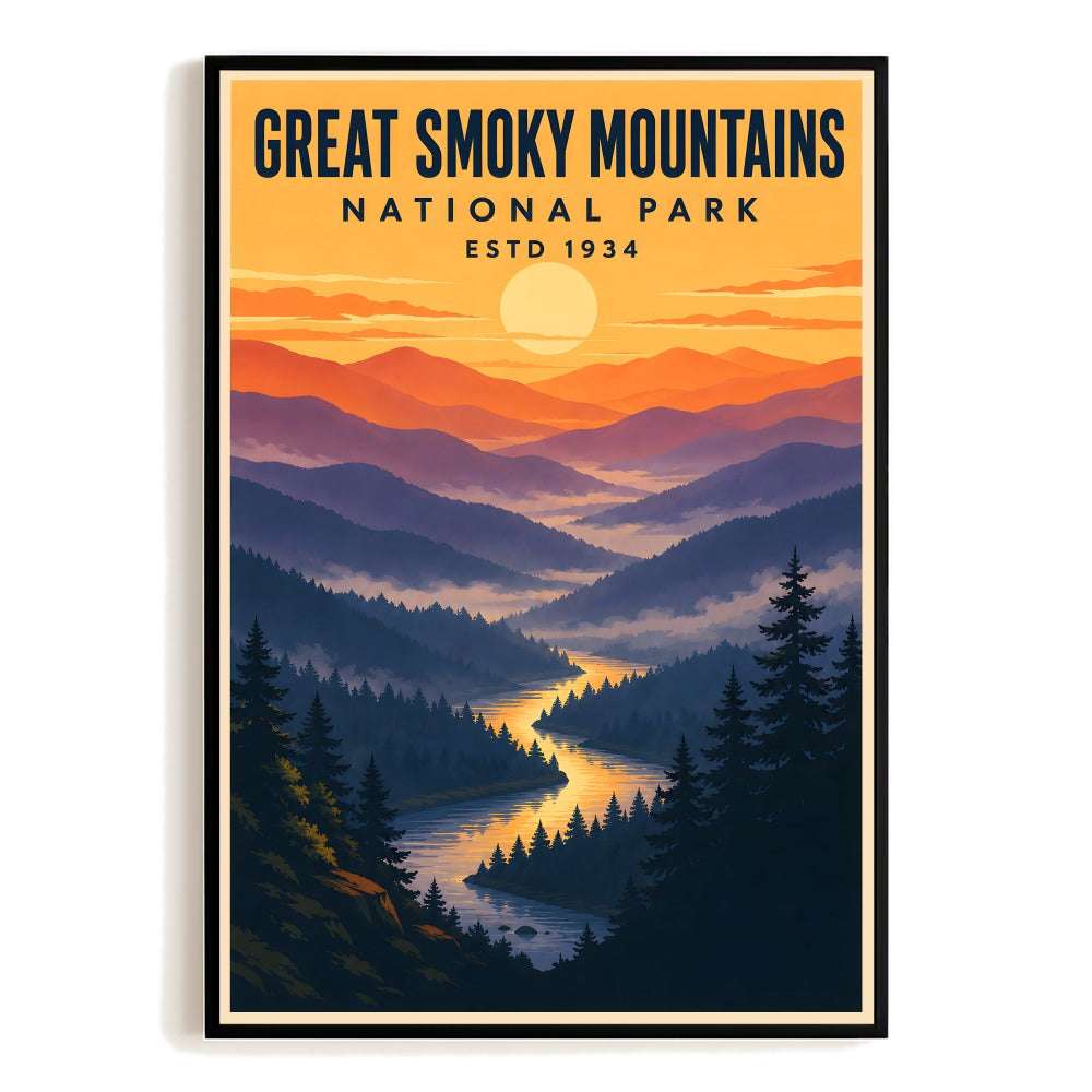 Great Smoky Mountains National Park Travel Poster Vintage Sunset Landscape Wall Art Decor For Nature Lovers Home Living Room Office Bedroom Souvenir Print Unframed | teecentury