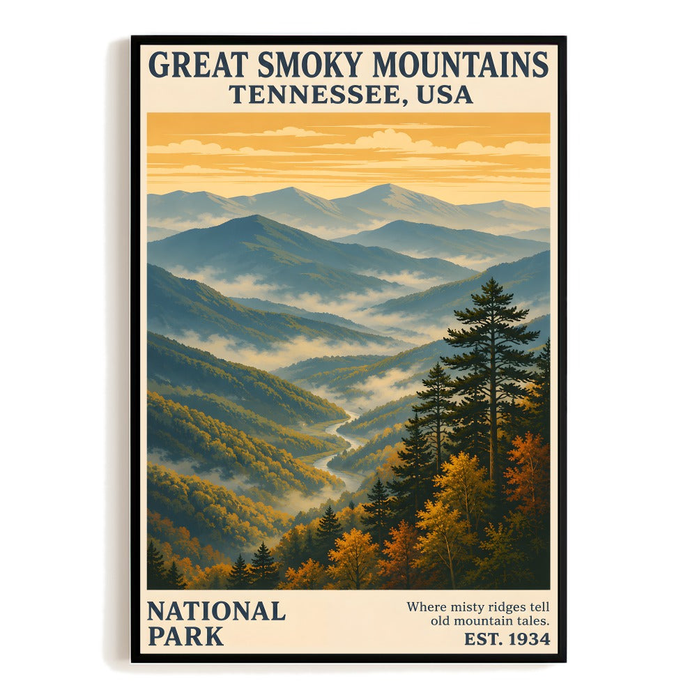 Great Smoky Mountains Tennessee Travel Poster Vintage National Park Wall Art Landscape Print Souvenir Gift For Home Living Room Office Bedroom Decor Unframed | teecentury