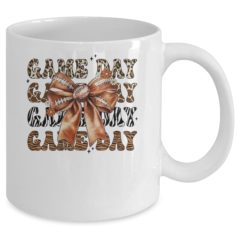 Groovy Game Day Cow Leopard Football Lovers Coquette Bow Mug | teecentury