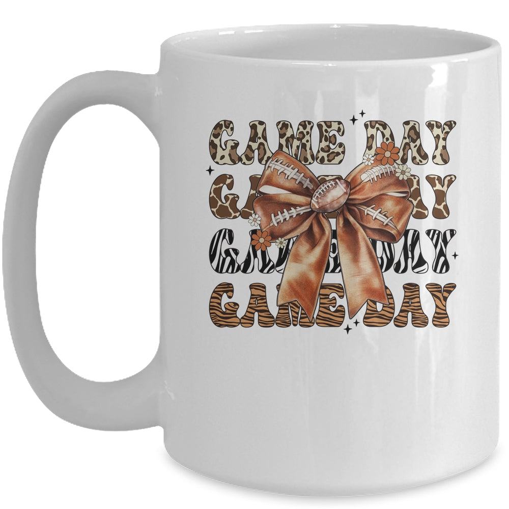 Groovy Game Day Cow Leopard Football Lovers Coquette Bow Mug | teecentury