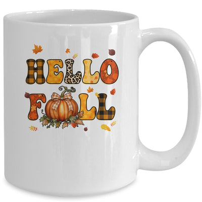 Groovy Hello Fall Autumn Maple Leaves Pumpkin Leopard Women Mug | teecentury