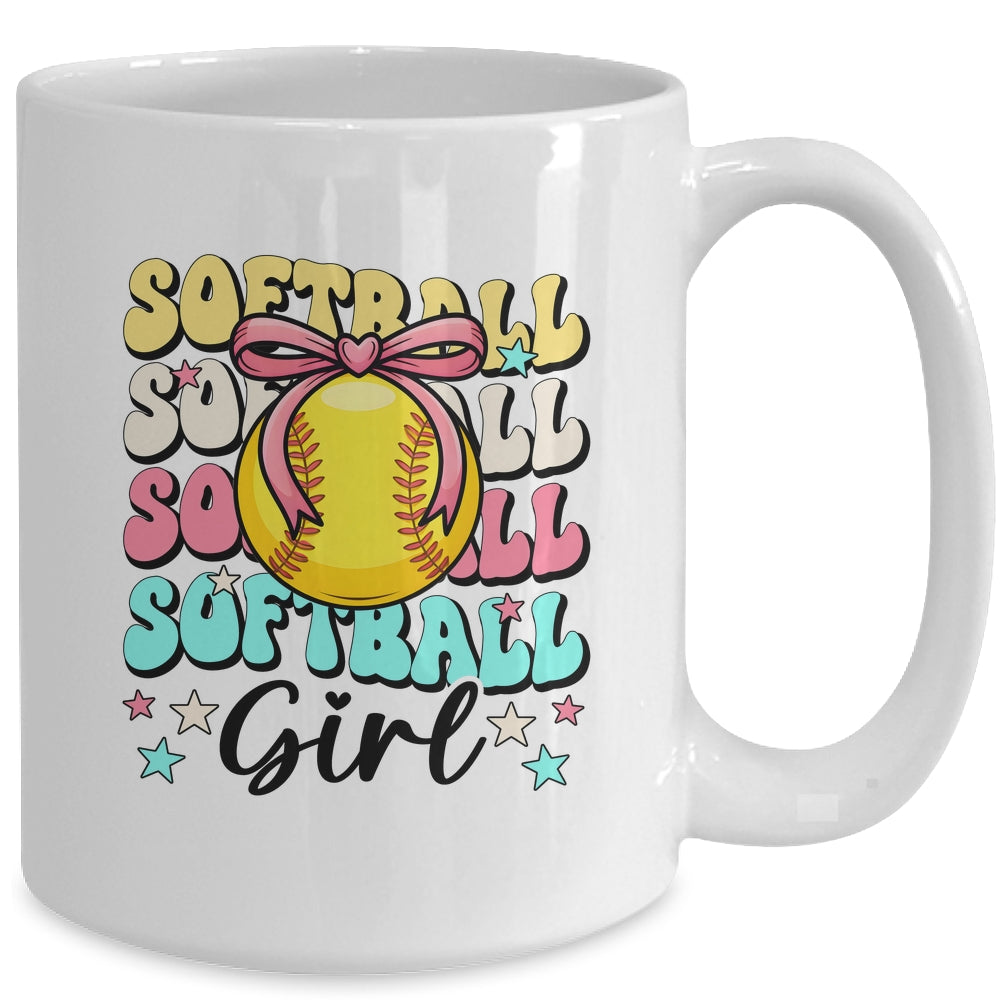 Groovy Softball Girl Girls Coquette Bow Softball Women Mug | teecentury
