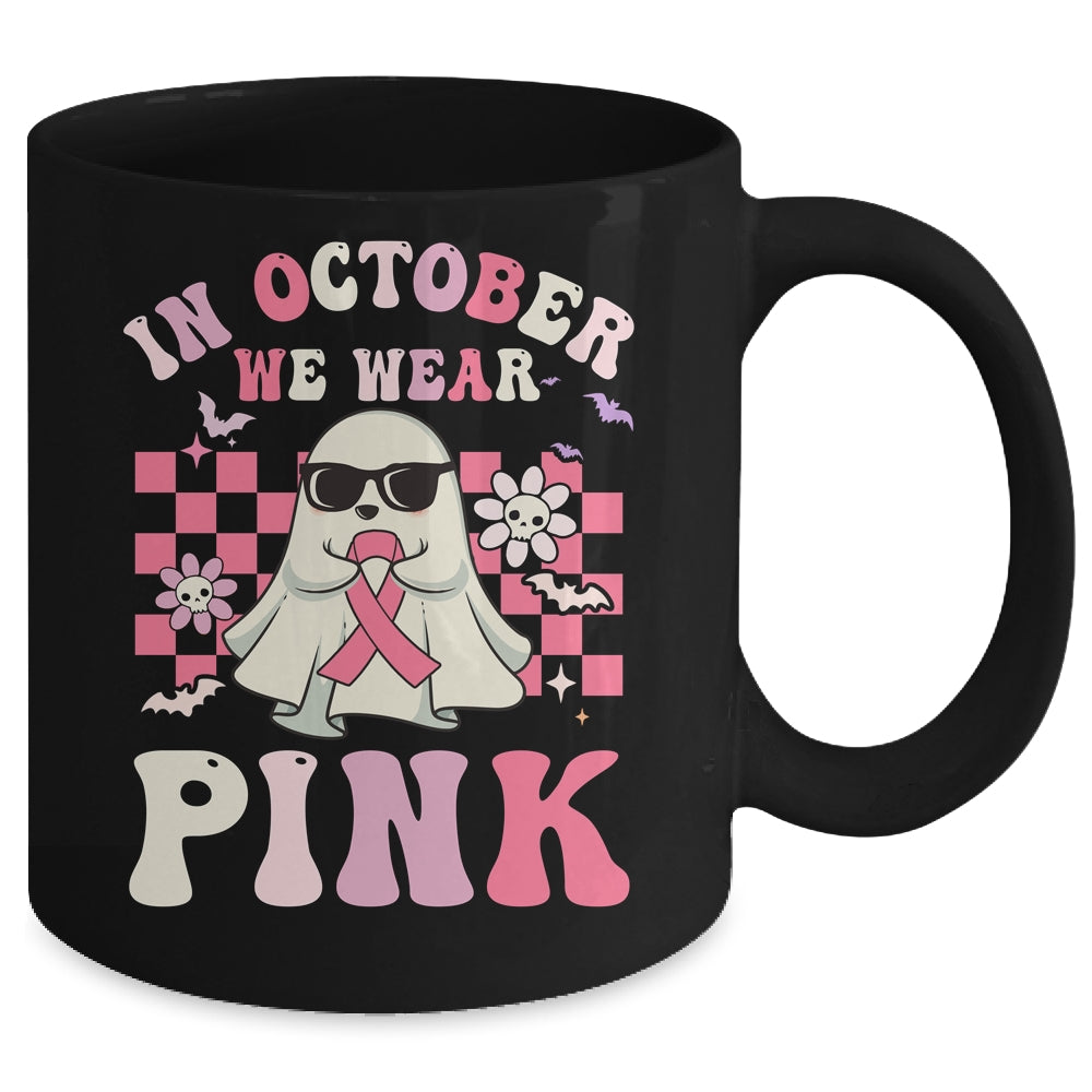 Groovy We Wear Pink Breast Cancer Awareness Ghost Halloween Mug | teecentury