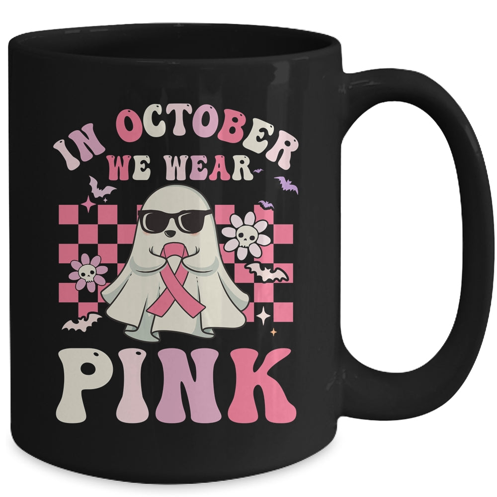 Groovy We Wear Pink Breast Cancer Awareness Ghost Halloween Mug | teecentury