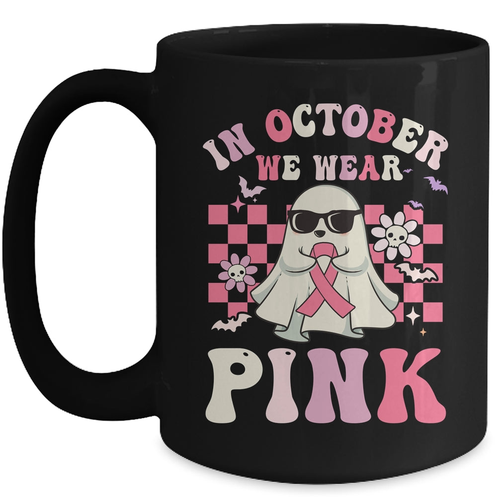 Groovy We Wear Pink Breast Cancer Awareness Ghost Halloween Mug | teecentury
