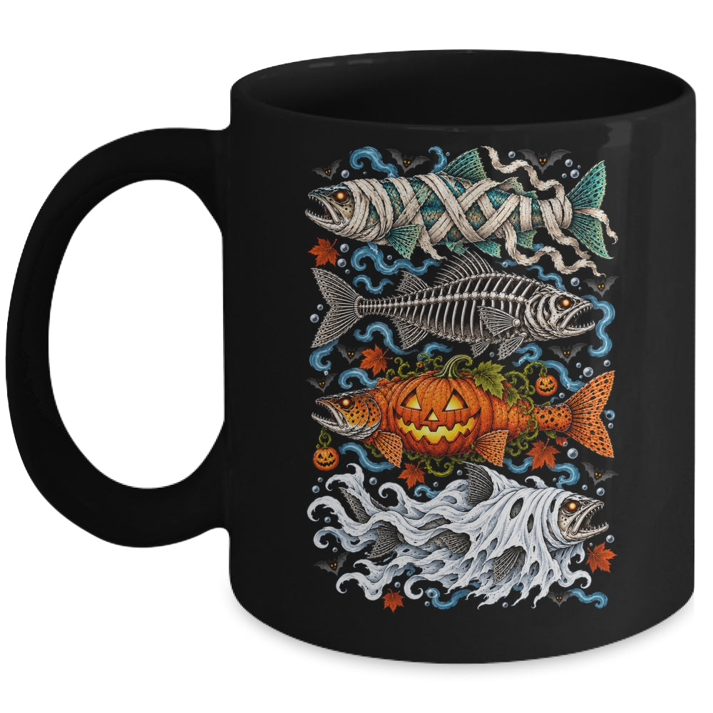Halloween Fishing Trout Fish Ghost Pumpkin Skeleton Mummy Mug | teecentury