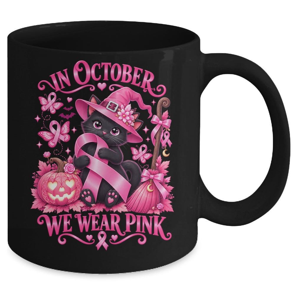 Halloween Witch Black Cat We Wear Pink Ribbon Breast Cancer Mug | teecentury