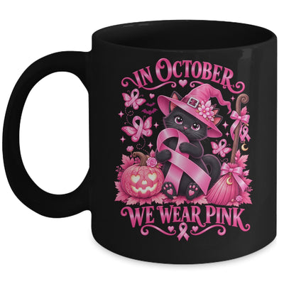 Halloween Witch Black Cat We Wear Pink Ribbon Breast Cancer Mug | teecentury