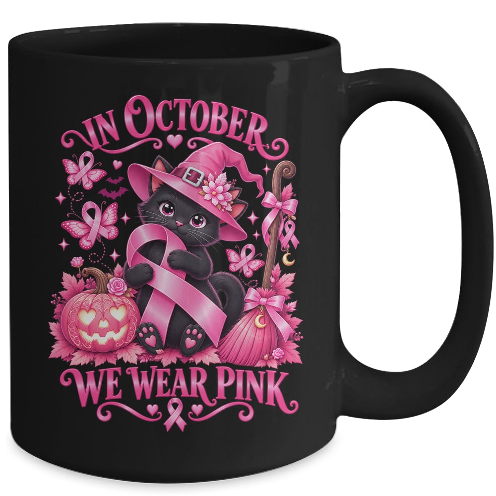 Halloween Witch Black Cat We Wear Pink Ribbon Breast Cancer Mug | teecentury