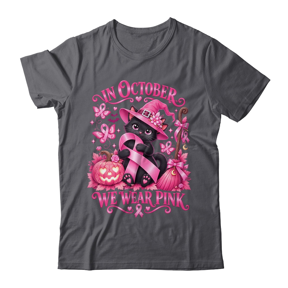 Halloween Witch Black Cat We Wear Pink Ribbon Breast Cancer Shirt & Sweatshirt | teecentury