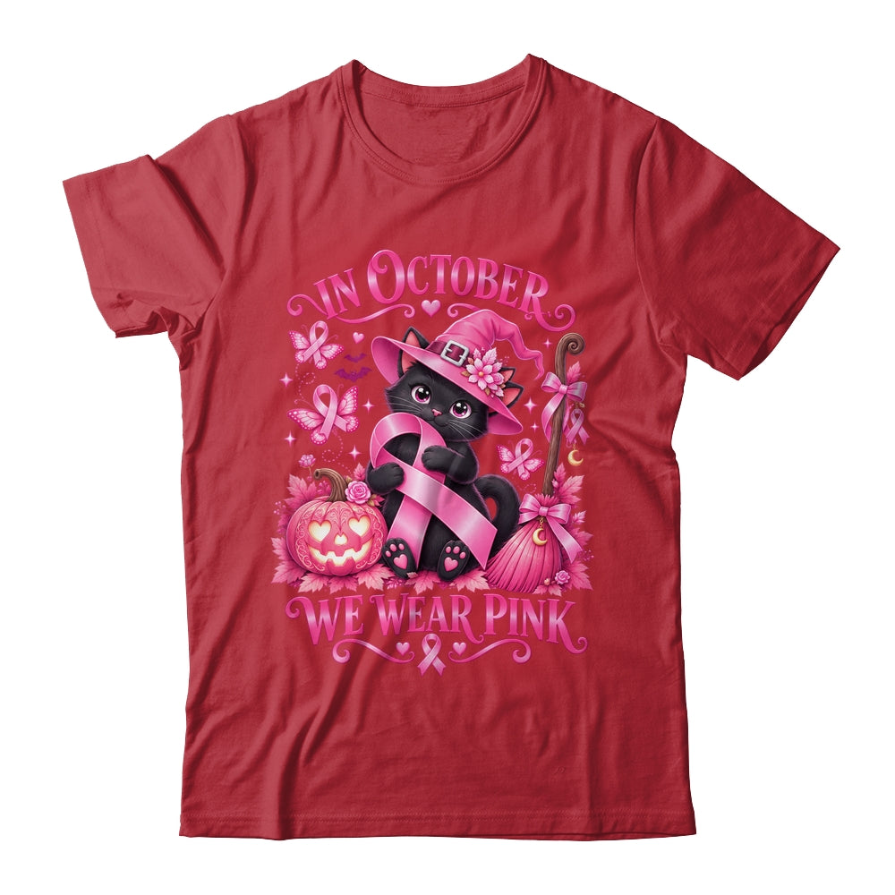 Halloween Witch Black Cat We Wear Pink Ribbon Breast Cancer Shirt & Sweatshirt | teecentury