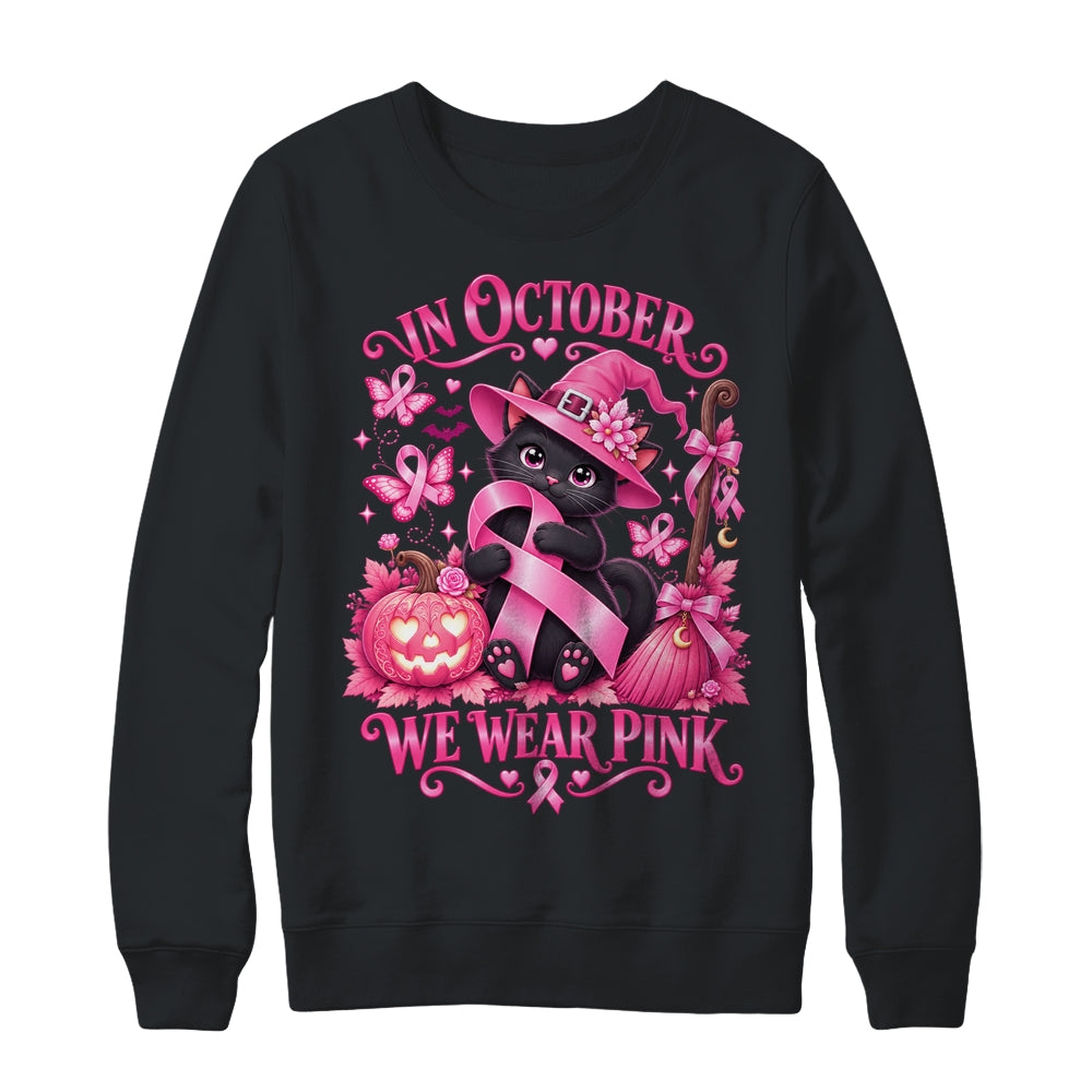 Halloween Witch Black Cat We Wear Pink Ribbon Breast Cancer Shirt & Sweatshirt | teecentury