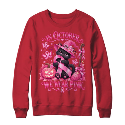 Halloween Witch Black Cat We Wear Pink Ribbon Breast Cancer Shirt & Sweatshirt | teecentury