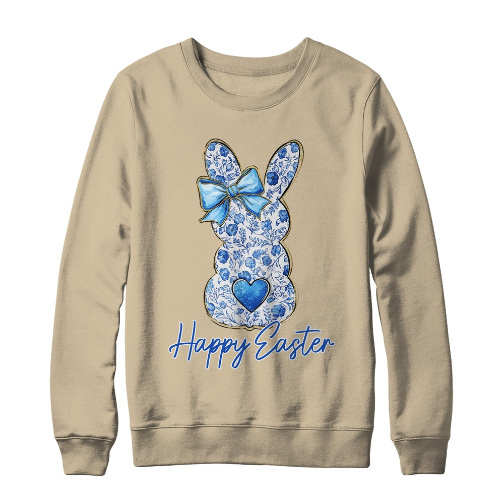 Happy Easter Blue Floral Bunny Easter Rabbit Coquette Girls Shirt & Sweatshirt | teecentury