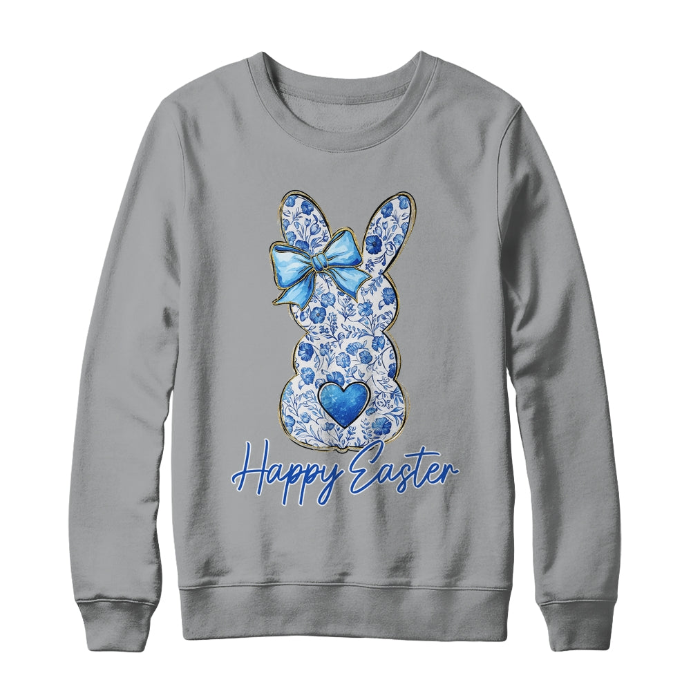 Happy Easter Blue Floral Bunny Easter Rabbit Coquette Girls Shirt & Sweatshirt | teecentury