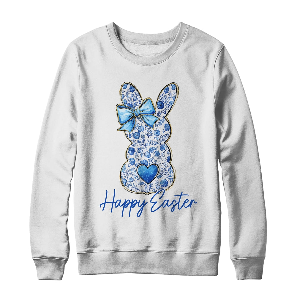 Happy Easter Blue Floral Bunny Easter Rabbit Coquette Girls Shirt & Sweatshirt | teecentury