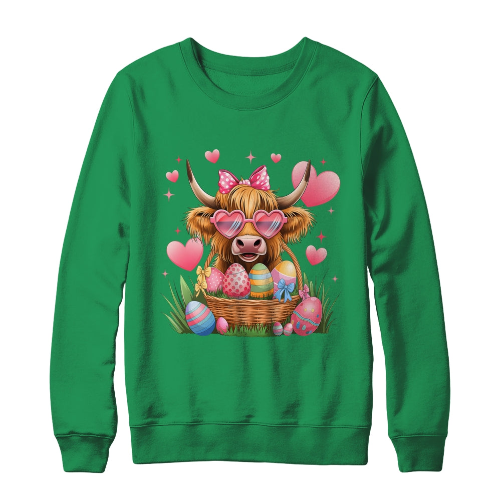 Happy Easter Day Cute Highland Cow Retro Easter Eggs Shirt & Sweatshirt | teecentury
