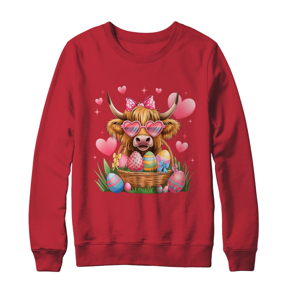Happy Easter Day Cute Highland Cow Retro Easter Eggs Shirt & Sweatshirt | teecentury
