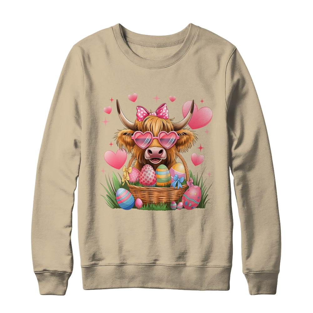 Happy Easter Day Cute Highland Cow Retro Easter Eggs Shirt & Sweatshirt | teecentury