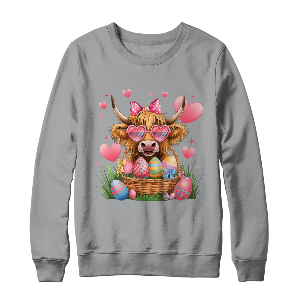 Happy Easter Day Cute Highland Cow Retro Easter Eggs Shirt & Sweatshirt | teecentury