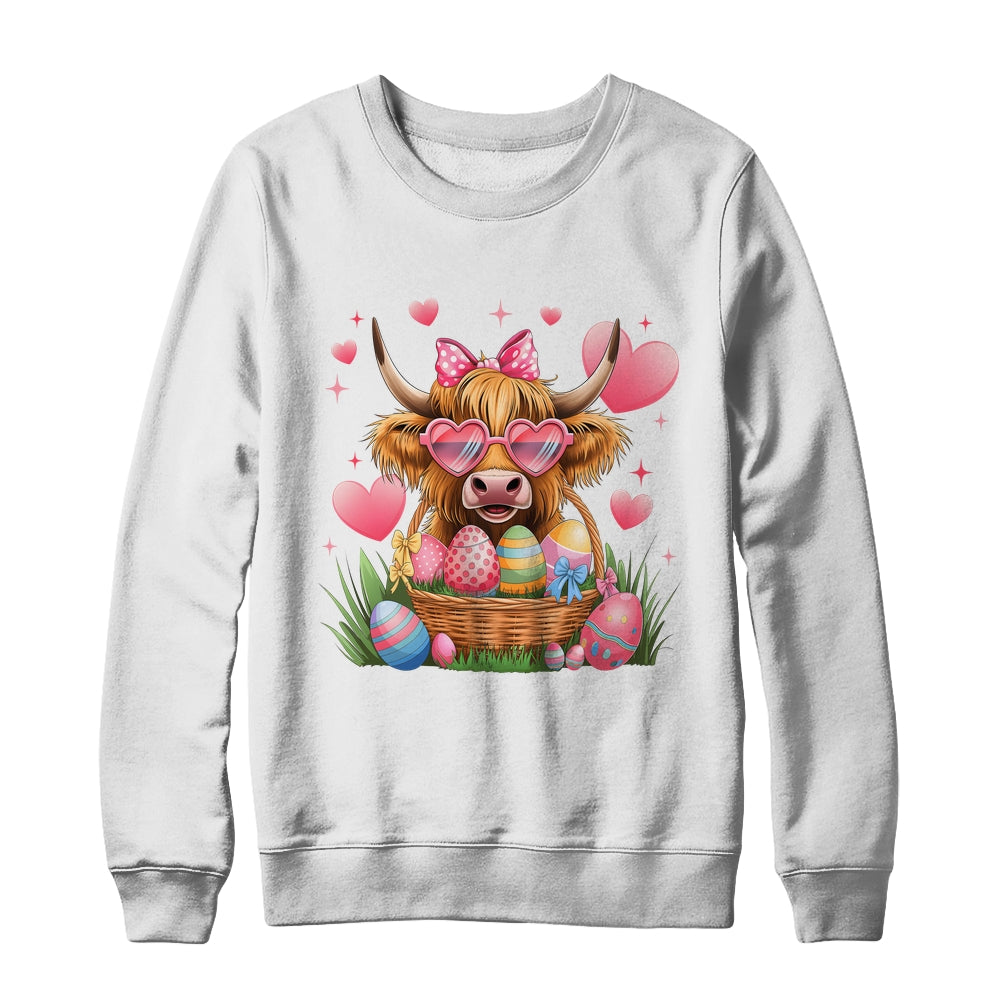 Happy Easter Day Cute Highland Cow Retro Easter Eggs Shirt & Sweatshirt | teecentury