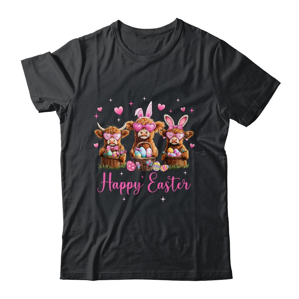 Happy Easter Day Highland Cow Easter Bunny Egg Retro Girls Shirt & Tank Top | teecentury