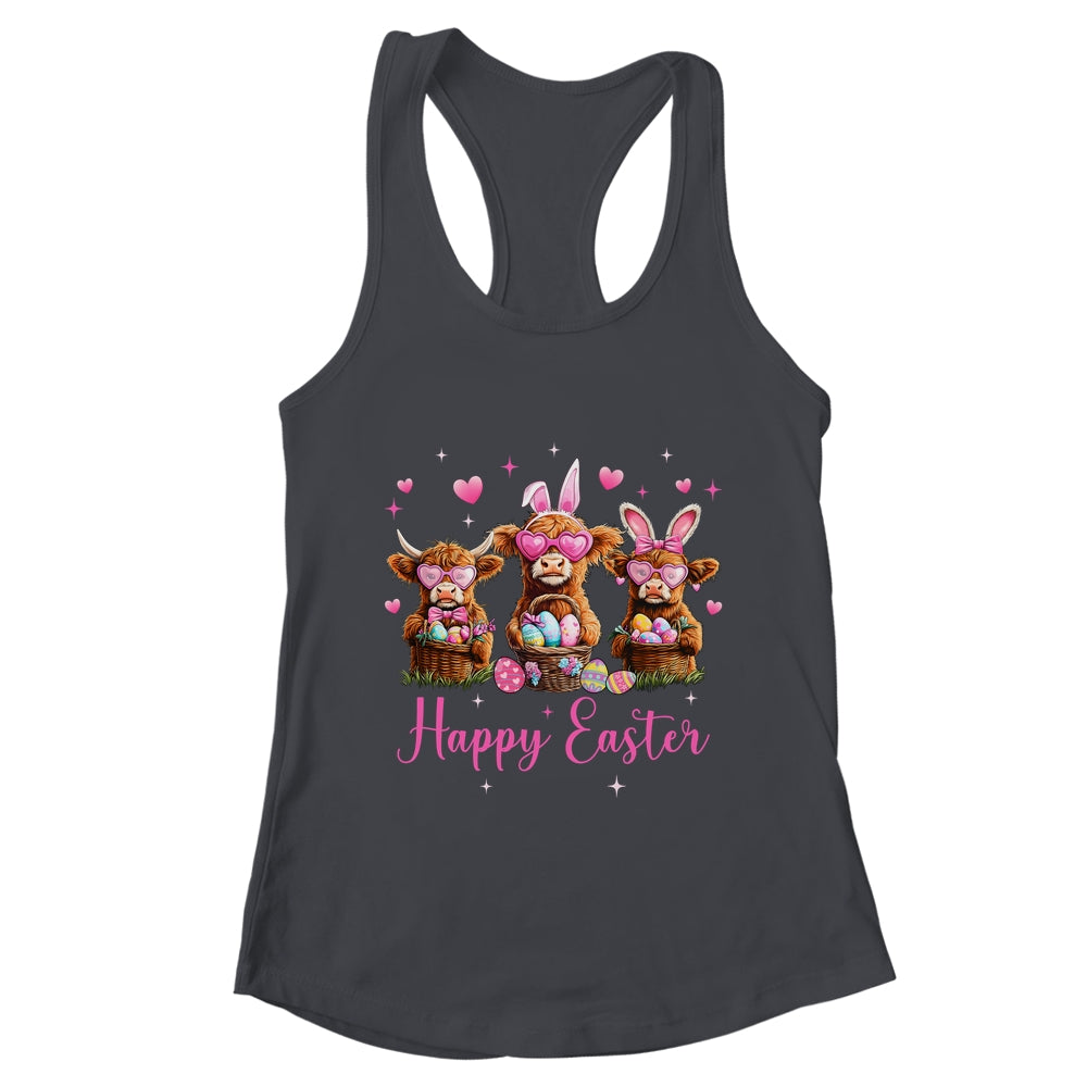 Happy Easter Day Highland Cow Easter Bunny Egg Retro Girls Shirt & Tank Top | teecentury