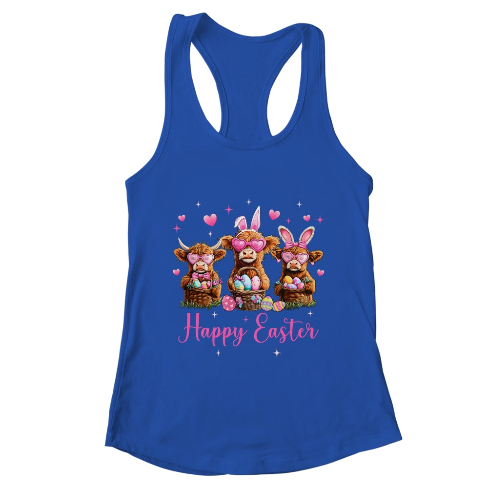 Happy Easter Day Highland Cow Easter Bunny Egg Retro Girls Shirt & Tank Top | teecentury