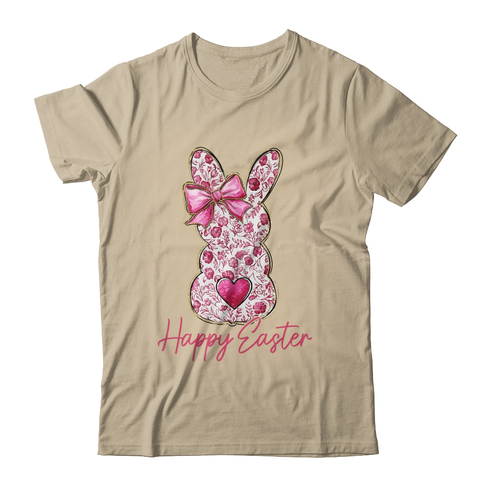 Happy Easter Pink Floral Bunny Easter Rabbit Coquette Girls Shirt & Sweatshirt | teecentury