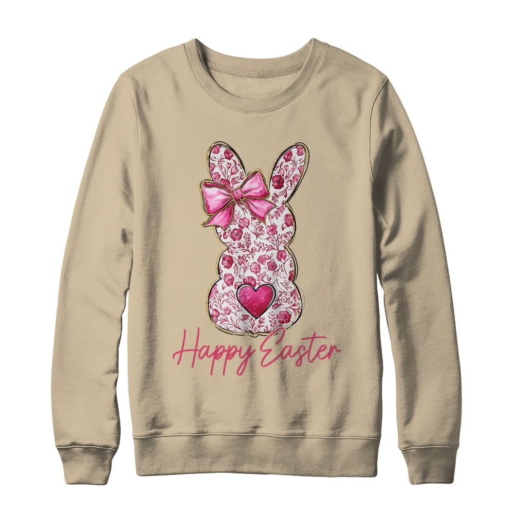 Happy Easter Pink Floral Bunny Easter Rabbit Coquette Girls Shirt & Sweatshirt | teecentury