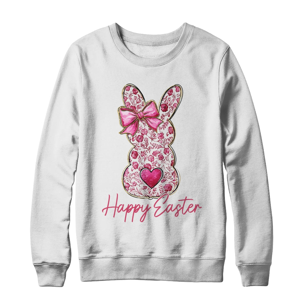 Happy Easter Pink Floral Bunny Easter Rabbit Coquette Girls Shirt & Sweatshirt | teecentury