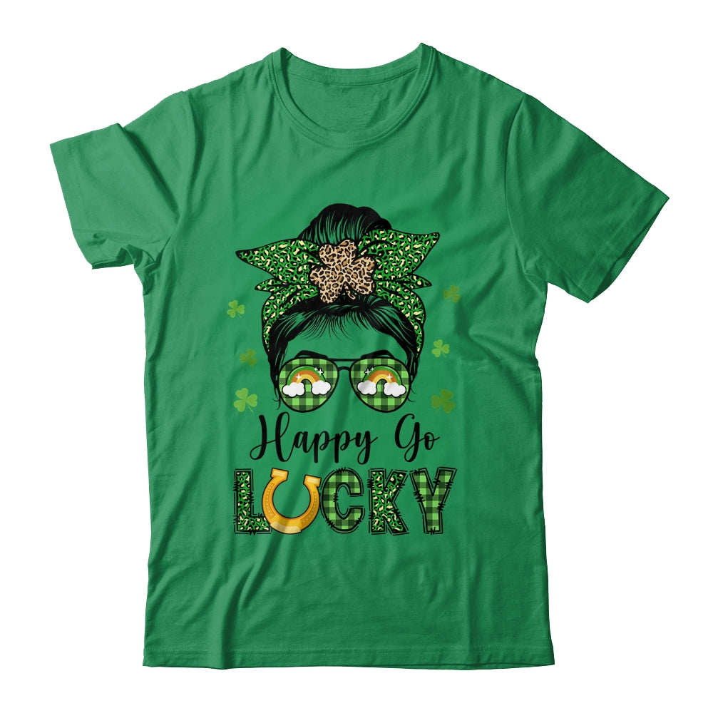 Happy Go Lucky Messy Bun Leopard Shamrock St Patrick's Day Shirt & Hoodie | teecentury