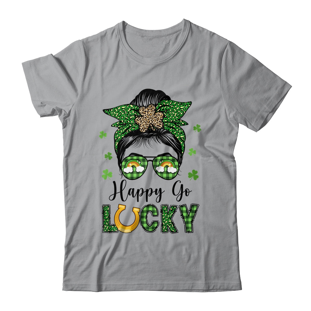 Happy Go Lucky Messy Bun Leopard Shamrock St Patrick's Day Shirt & Hoodie | teecentury