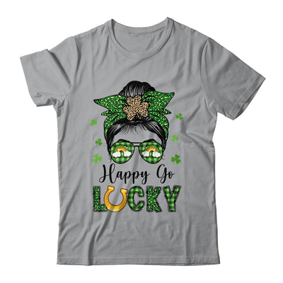 Happy Go Lucky Messy Bun Leopard Shamrock St Patrick's Day Shirt & Hoodie | teecentury