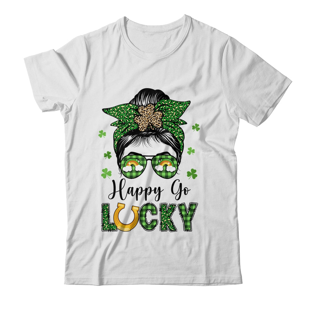 Happy Go Lucky Messy Bun Leopard Shamrock St Patrick's Day Shirt & Hoodie | teecentury