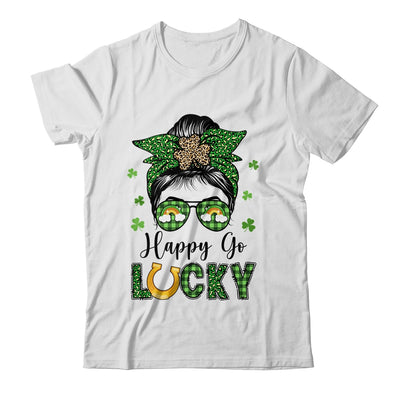 Happy Go Lucky Messy Bun Leopard Shamrock St Patrick's Day Shirt & Hoodie | teecentury