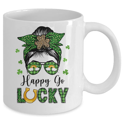 Happy Go Lucky Messy Bun Leopard Shamrock St Patrick's Day Mug | teecentury
