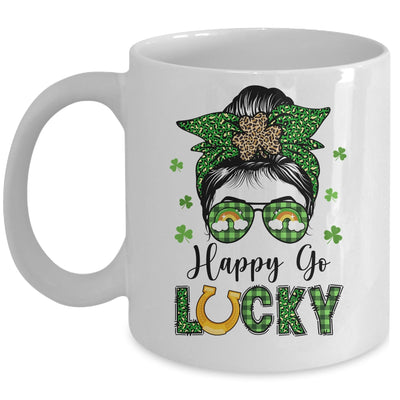 Happy Go Lucky Messy Bun Leopard Shamrock St Patrick's Day Mug | teecentury
