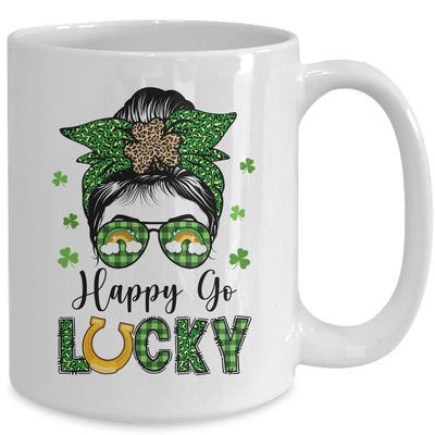 Happy Go Lucky Messy Bun Leopard Shamrock St Patrick's Day Mug | teecentury