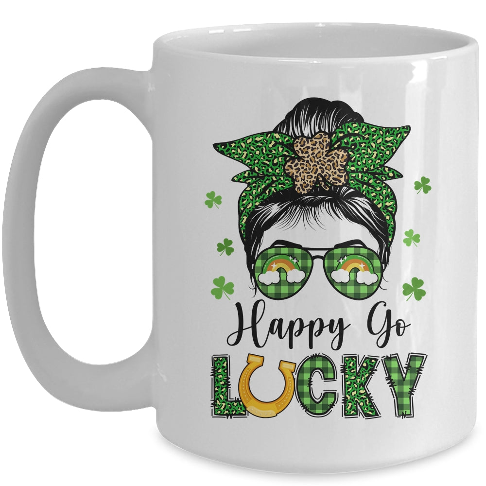 Happy Go Lucky Messy Bun Leopard Shamrock St Patrick's Day Mug | teecentury
