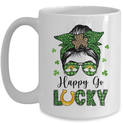 Happy Go Lucky Messy Bun Leopard Shamrock St Patrick's Day Mug | teecentury