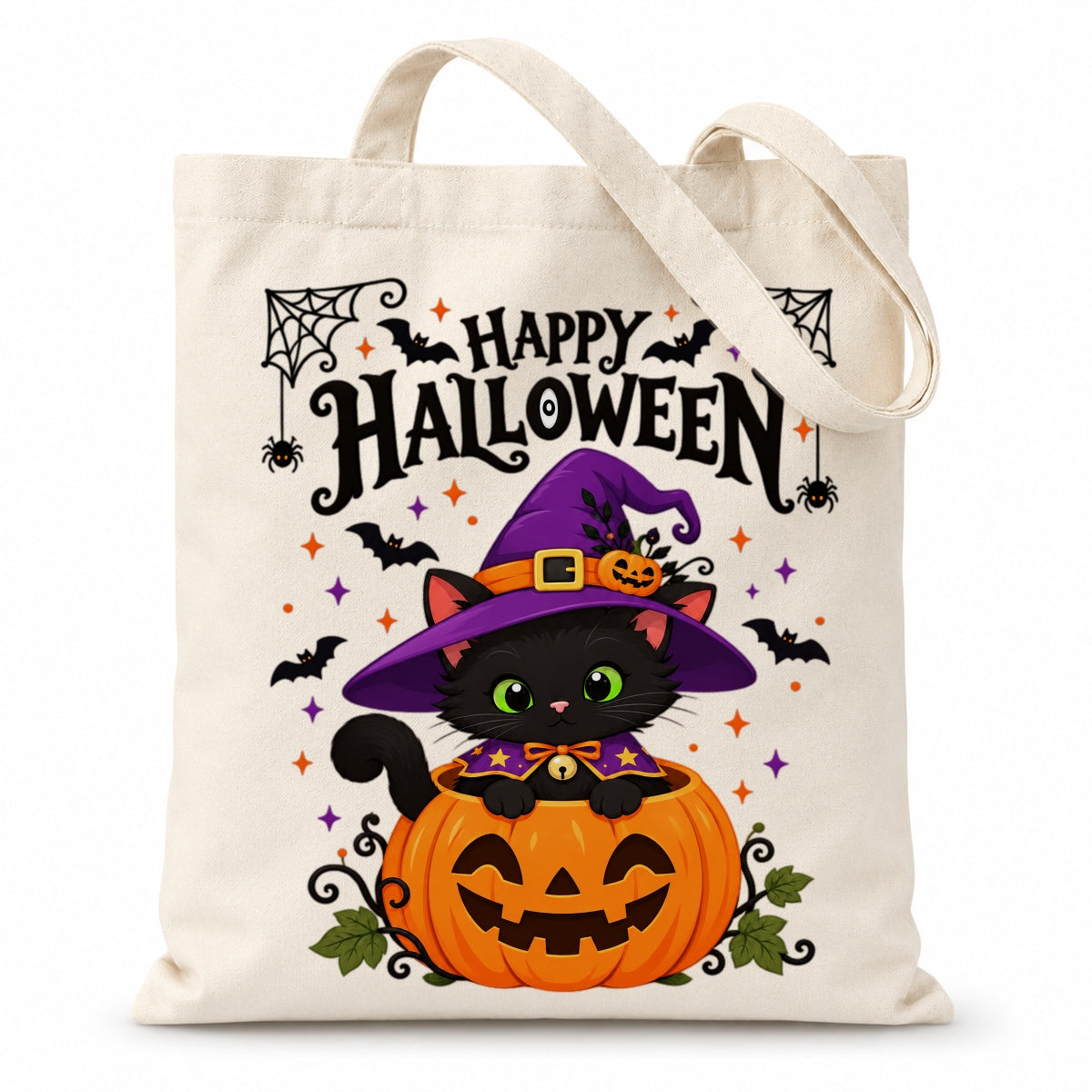 Happy Halloween Black Cat Witch Tote Bags Cute Pumpkin Kitty Spooky Season Reusable Shopping Bag Halloween Gift For Cat Lovers Women Trick Or Treat Bag | teecentury
